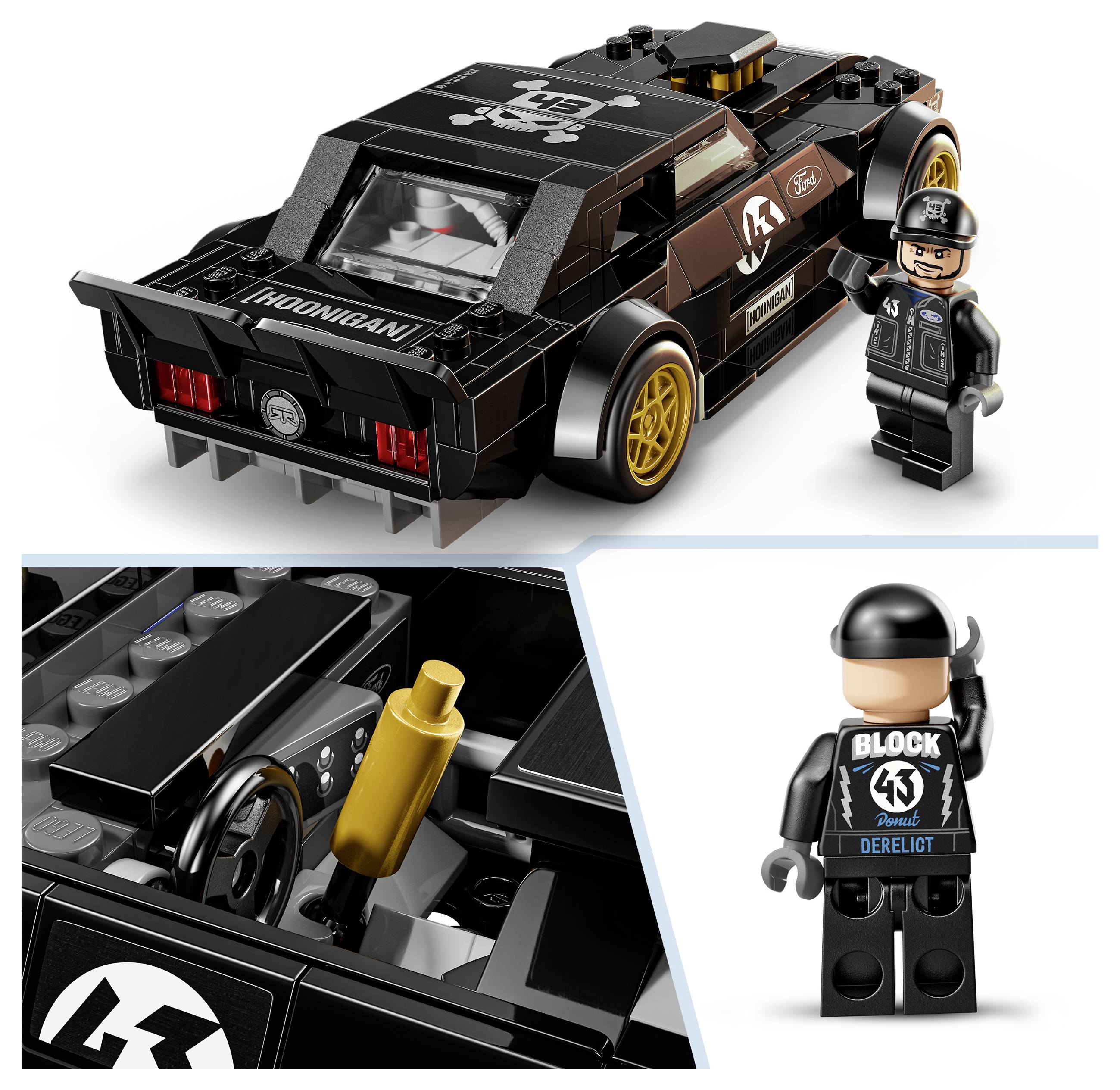 LEGO-stylový černý závodní vůz Hoonigan se zlatými koly a figurkou řidiče, zobrazený s detailním pohledem na motor a zadním pohledem na figurku.