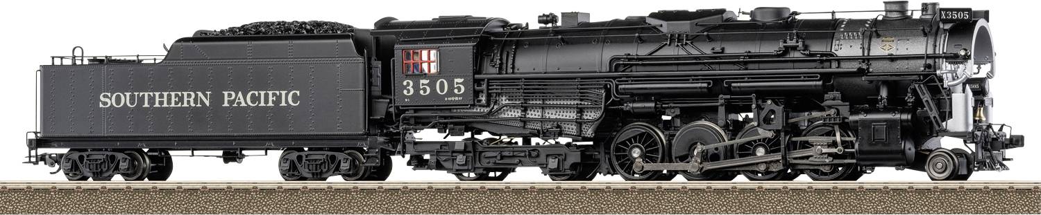 Lokomotiva na páru Southern Pacific 3505, pohled ze strany v černé barvě na kolejích s tendrem označeným "SOUTHERN PACIFIC"
