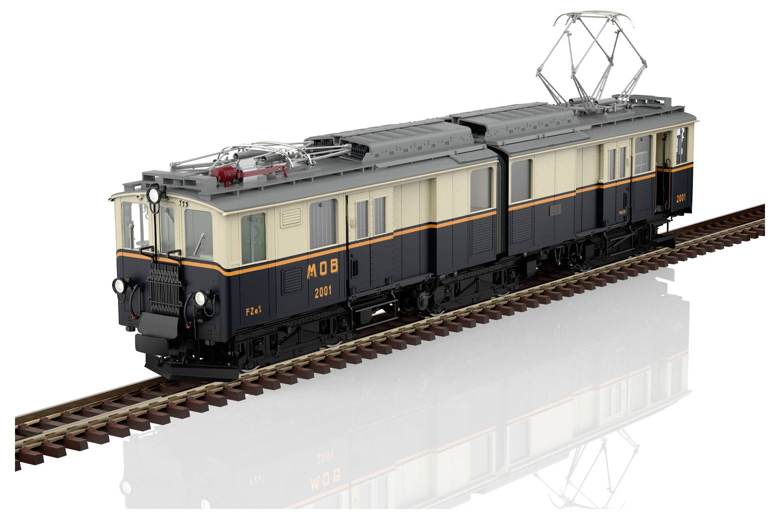 Vintage model elektrické lokomotivy na kolejích, tmavě šedé a krémové barvy s oranžovými pruhy, zobrazeno v bočním pohledu na bílém pozadí.