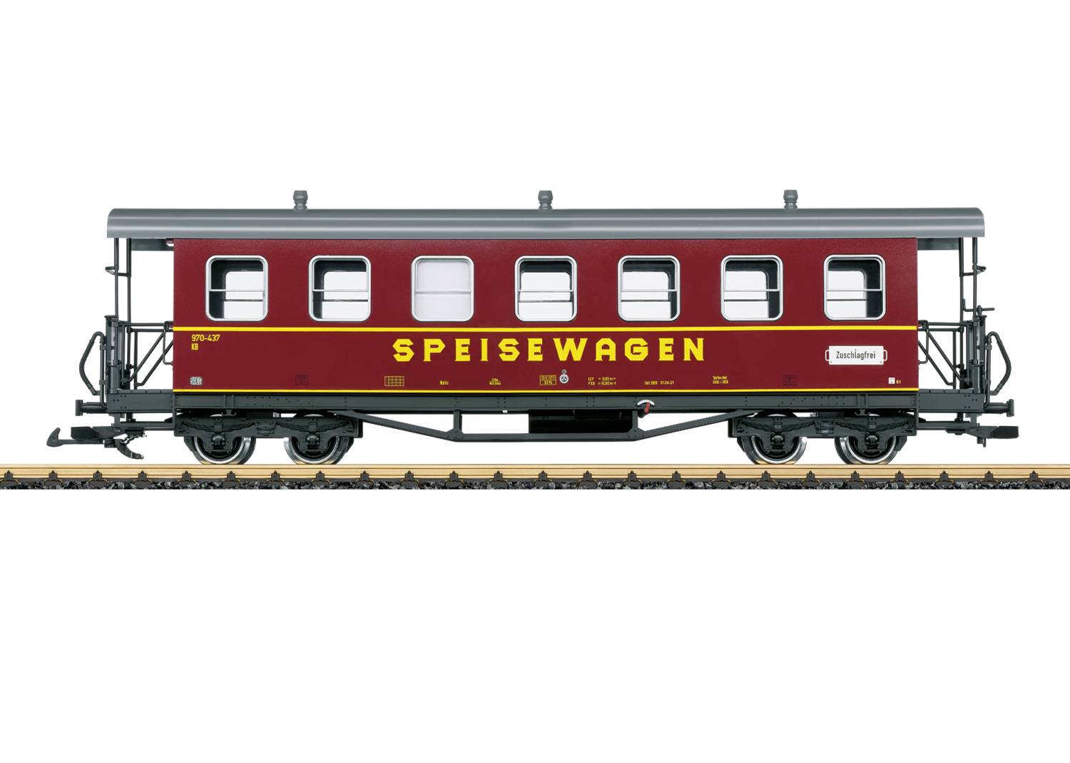 Červený model jídelního vagónu se žlutým nápisem "SPEISEWAGEN" na straně, zobrazený na kolejích před bílým pozadím.
