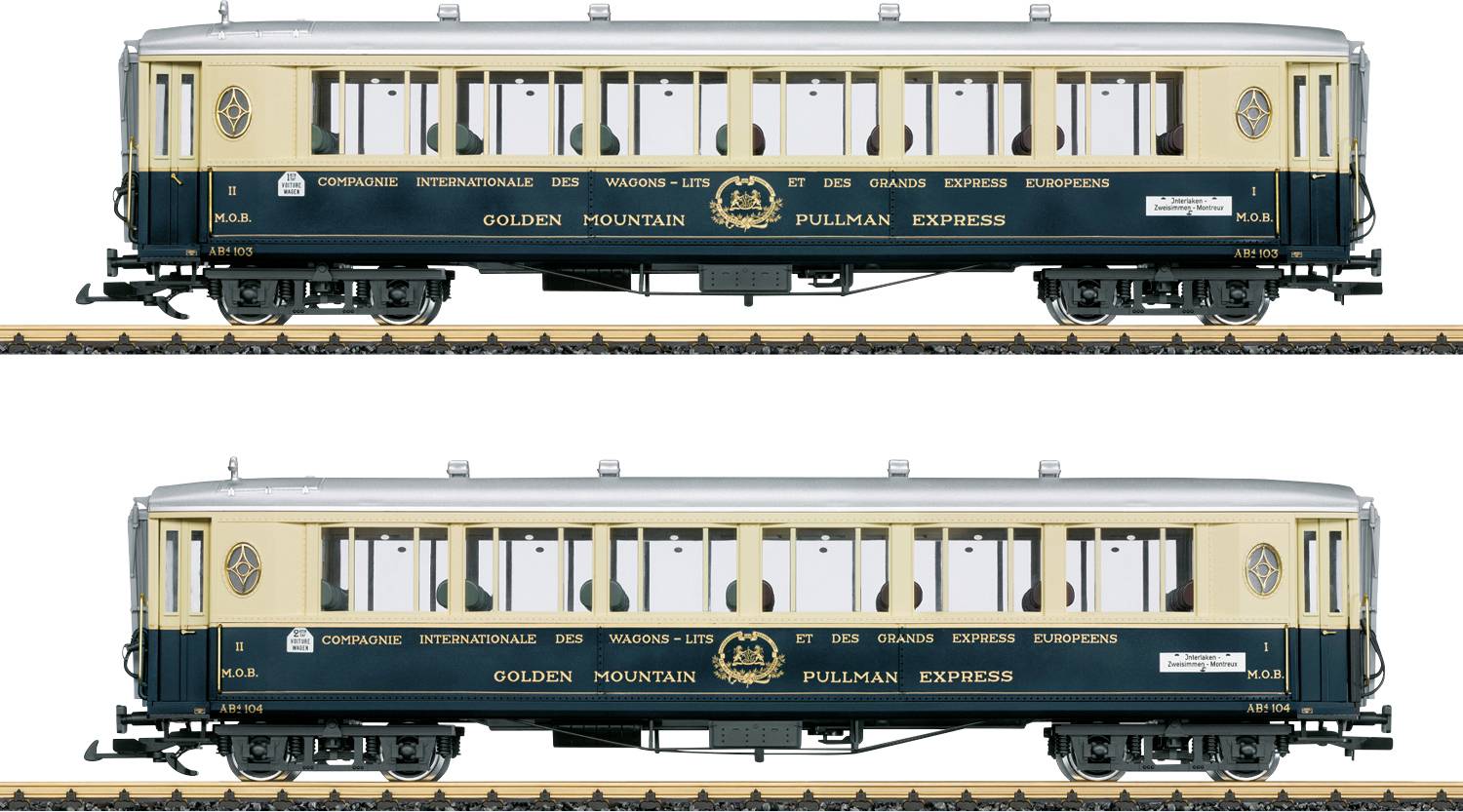 Dva železniční vozy zobrazené z bočního pohledu, označené "Golden Mountain Pullman Express", na bílém pozadí, jeden nad druhým.