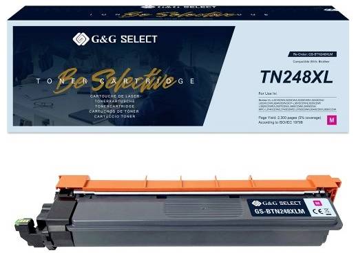 Krabice toneru G&G SELECT TN248XL a odpovídající černá tonerová kazeta s oranžovým ochranným krytem na bílém pozadí.