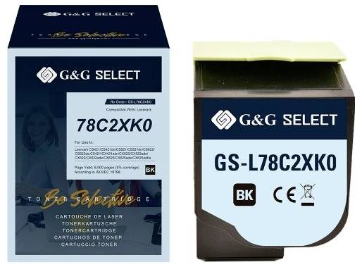 Dva černé tonerové kazety G&G SELECT zobrazené vedle sebe, označené "78C2XK0" a "GS-L78C2XK0" s označením BK.