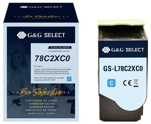 Balení a patron toneru G&G SELECT pro Lexmark 78C2XC0, azurová barva, zobrazeni vedle sebe.