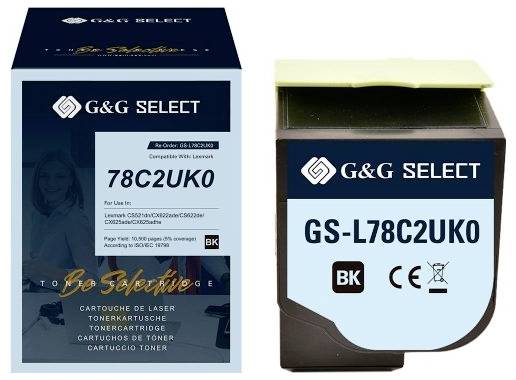 Dva balíčky černého laserového toneru G&G SELECT, označené 78C2UK0 a GS-L78C2UK0 s označením barvy BK.