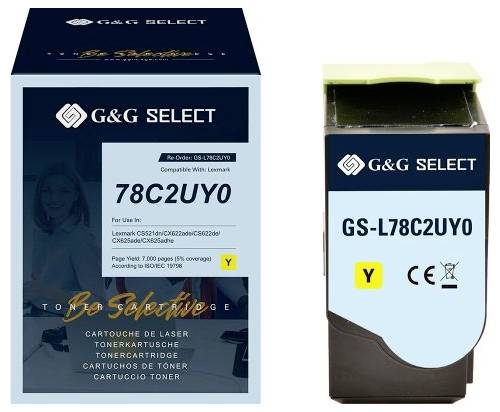 Balení tiskárny G&G SELECT laser s patronou označenou '78C2UY0' a 'GS-L78C2UY0', se žlutým značením 'Y' indikujícím žlutý toner.