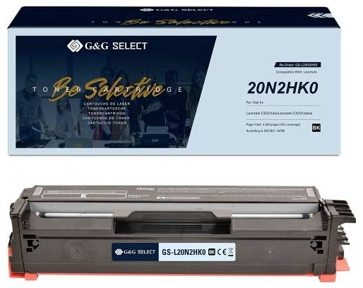 Balící obal toneru G&G Select a samotná tonerová kazeta, označené 20N2HK0 pro tiskárny řady Lexmark CS921/CS923.