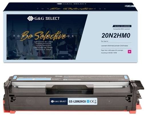 Balíček selektivního laserového toneru G&G značený '20N2HMO' nad fotografií produktu černé tonery cartridge.