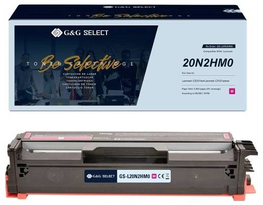 Tonerová kazeta G&G Select a odpovídající kazeta černého laserového tiskárny označená 20N2HM0 s označením výtěžnosti v magentové barvě.