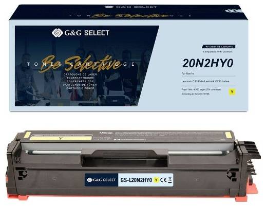 Krabice patrony toneru G&G Select žluté barvy a samotná patrona, označená 20N2HY0, kompatibilní s tiskárnami Lexmark C2326/C3326.
