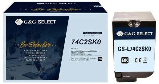 Obal a náplň černého toneru G&G Select, označené čísly 74C2SK0 a GS-L74C2SK0 pro tiskárny Lexmark.