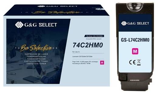 Balení a kazeta tonerové kazety G&G SELECT s laserem označené GS-L74C2HM0 pro použití s tiskárnami Lexmark, purpurová