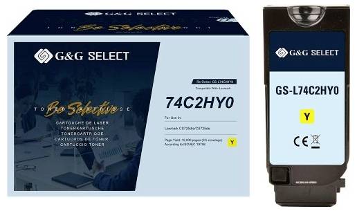 Balení a cartridge laserového toneru G&G Select s označením 'GS-L74C2HY0' a '74C2HY0' pro Lexmark, žlutý toner (Y).
