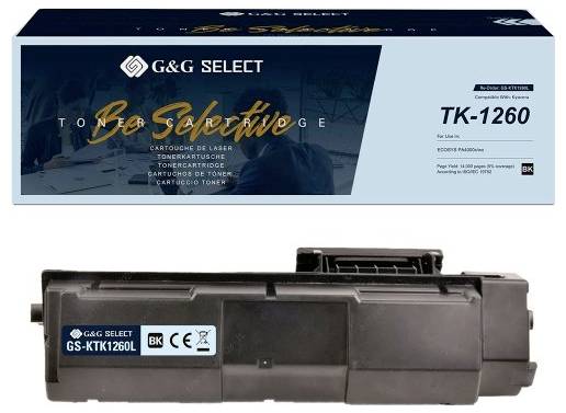 Obal toneradlové kazety G&G Select TK-1260 černá a samotná kazeta, zobrazené na fotografii produktu.