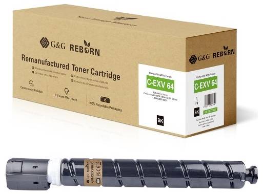 Znovu vyráběná tonerová kazeta G&G REBORN v hnědém balení, označená C-EXV 64, zobrazená s černou tonerovou kazetou níže.