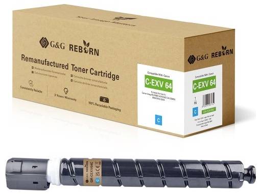 Přebalovaná tonerová kazeta G&G REBORN se zobrazením černé tonerové kazety níže, označené C-EXV 64.