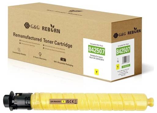 Krabice přerozdělovaného toneru G&G REBORN a žlutá tonerová kazeta označená číslem 842507, zobrazená jako obalování produktu a samotná kazeta.