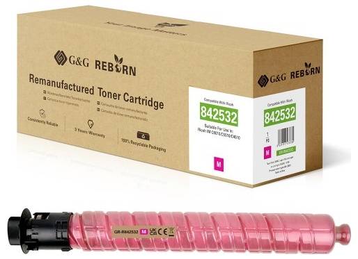 Krabice s renovovanou toner cartridge G&G REBORN s růžovou toner cartridge zobrazená níže; štítek na obalu čte 842532 a M.