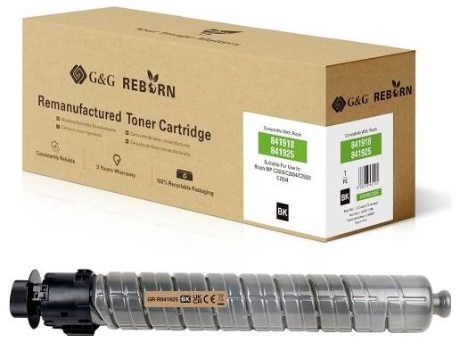 Krabice a kazeta remanufakturovaného toneru G&G REBORN zobrazené spolu, označené jako kompatibilní s Ricoh 841918/841925 a černá BK.