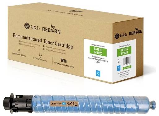 Kartridž do tiskárny G&G REBORN vyrobený z recyklovaného materiálu v krabici z lepenky, s modro-černou cartridží zobrazená pod obalem.