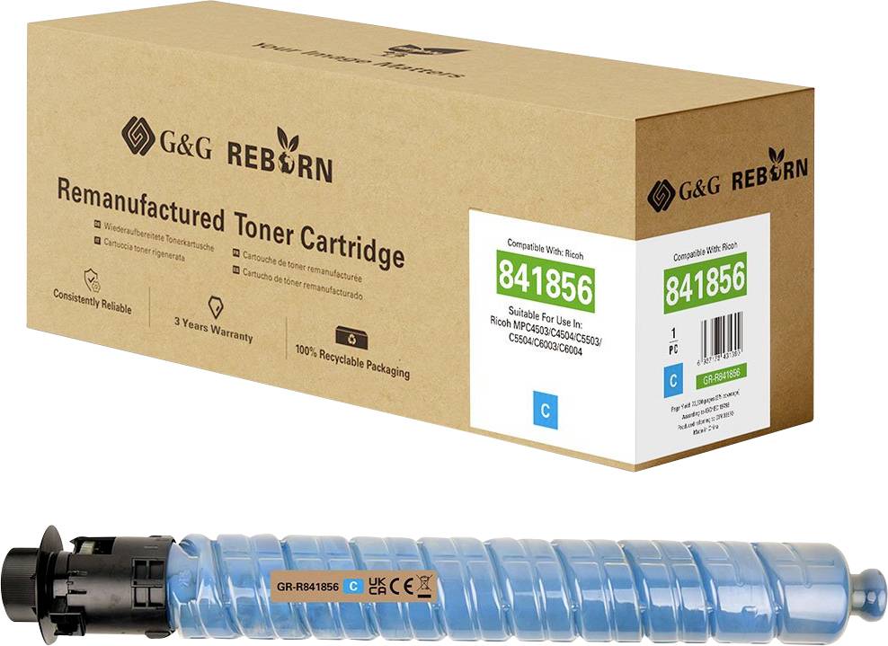Přebalená tonerová kazeta G&G REBORN s krabicí na přebalené tonerové kazety a modrou tonerovou kazetou s číslem modelu GR-R841856 uvedeným na obalu.