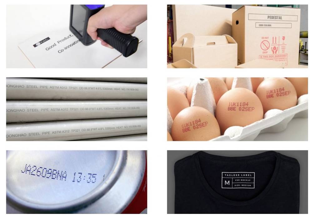 Koláž příkladů sledovatelnosti produktů: razítkované materiály, označené krabice, vejce a štítky na oděvech zobrazující čísla šarží, data a značky kvality.