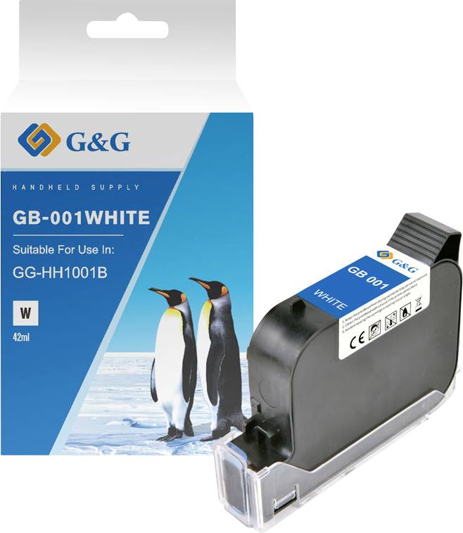 Ruční zásobník inkoustu G&G GB-001WHITE vedle modrého obalu s označením vhodný pro použití v GG-HH1001B.