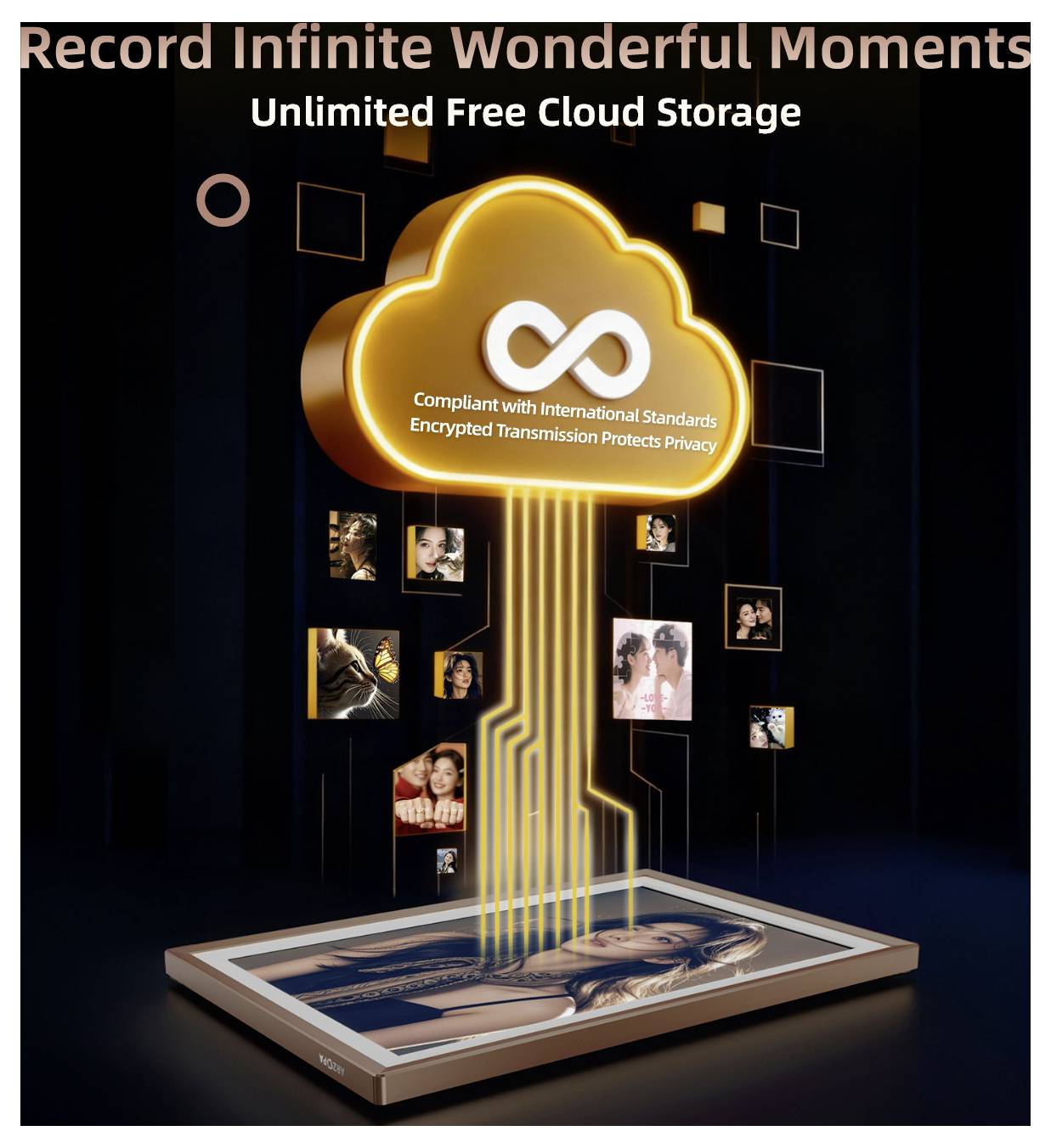 Propagační grafika cloudového úložiště s textem „Zaznamenávejte nekonečně krásné chvíle" a „Neomezené bezplatné cloudové úložiště", která zobrazuje fotografie proudící do cloudu označeného tvrzeními o soukromí a šifrování.