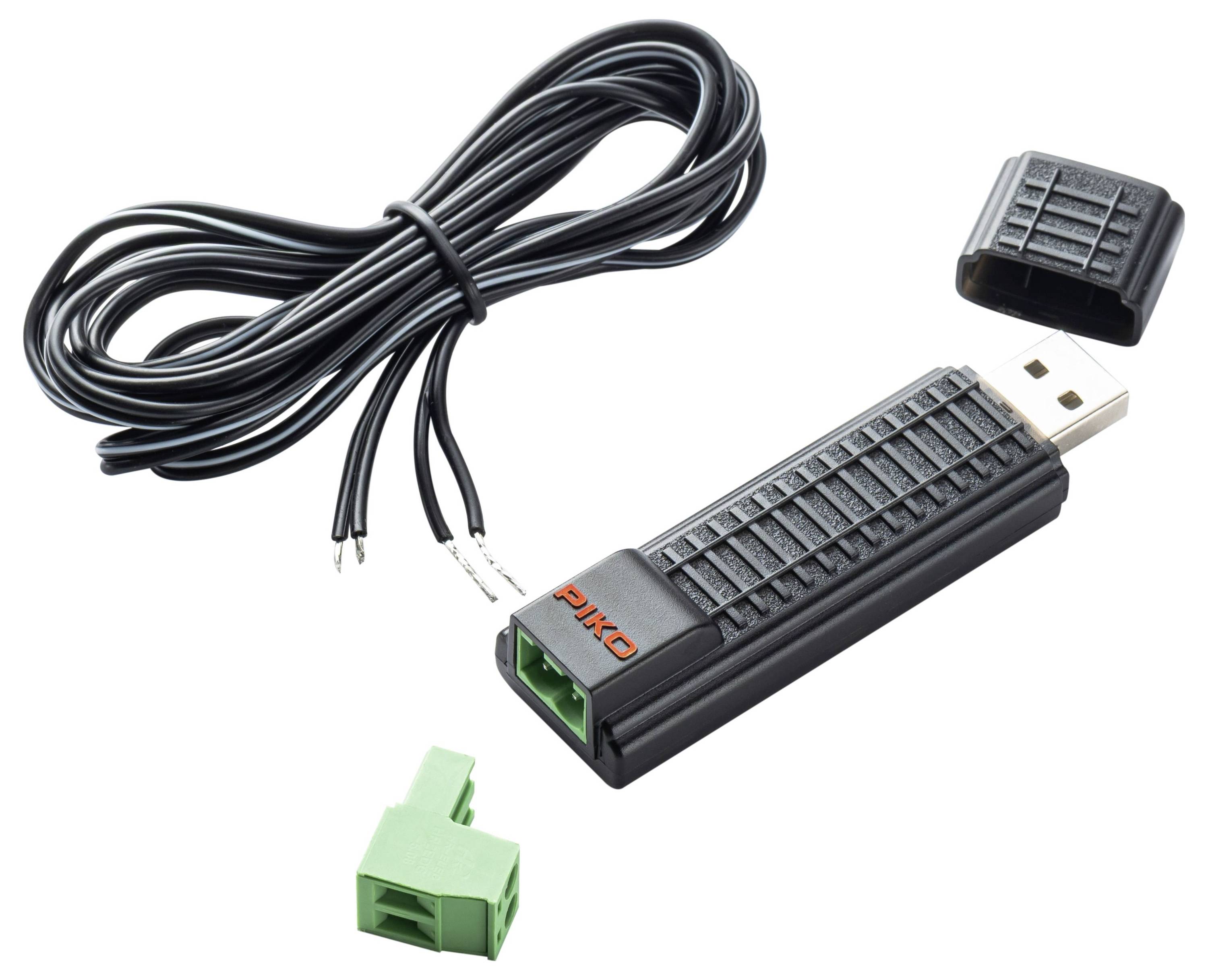 USB elektronický adaptér s černým kabelem, tělem zařízení a dvěma kryty konektorů, zobrazený na bílém pozadí.