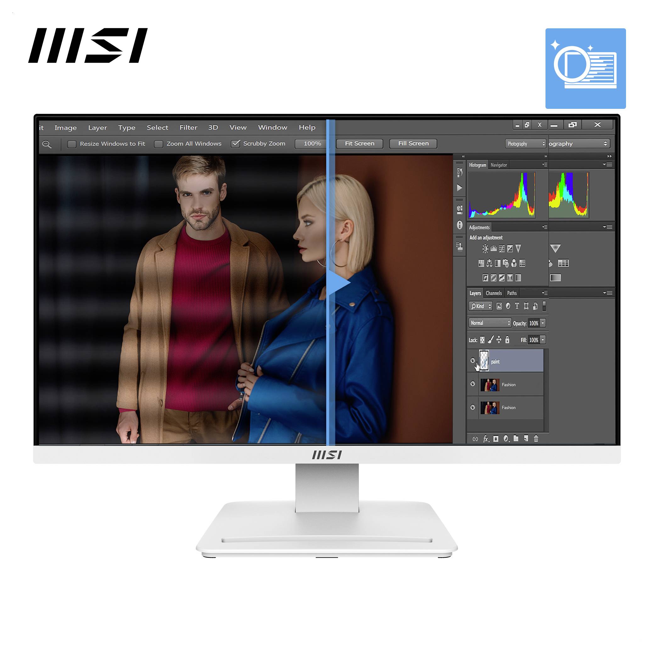 MSI monitor zobrazující aplikaci pro editaci fotek s rozdělením na obraz před a po úpravě dvou osob a ovládací prvky pro editaci, včetně panelu histogramu.