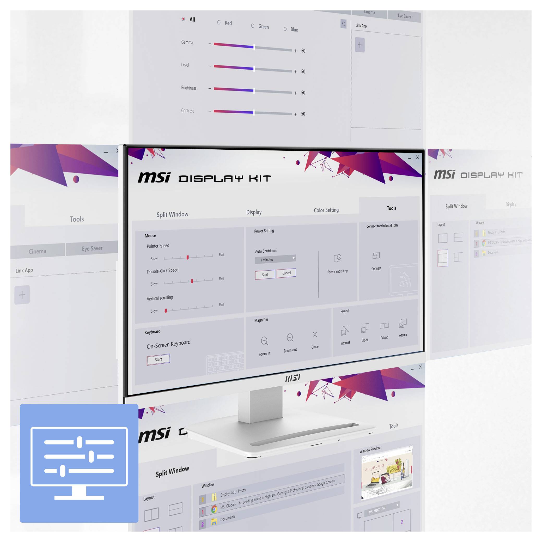 Softwarové rozhraní sady MSI Display Kit zobrazující karty pro rozdělené okno, displej, nastavení barev a nástroje se posuvníky a možnostmi rozložení.