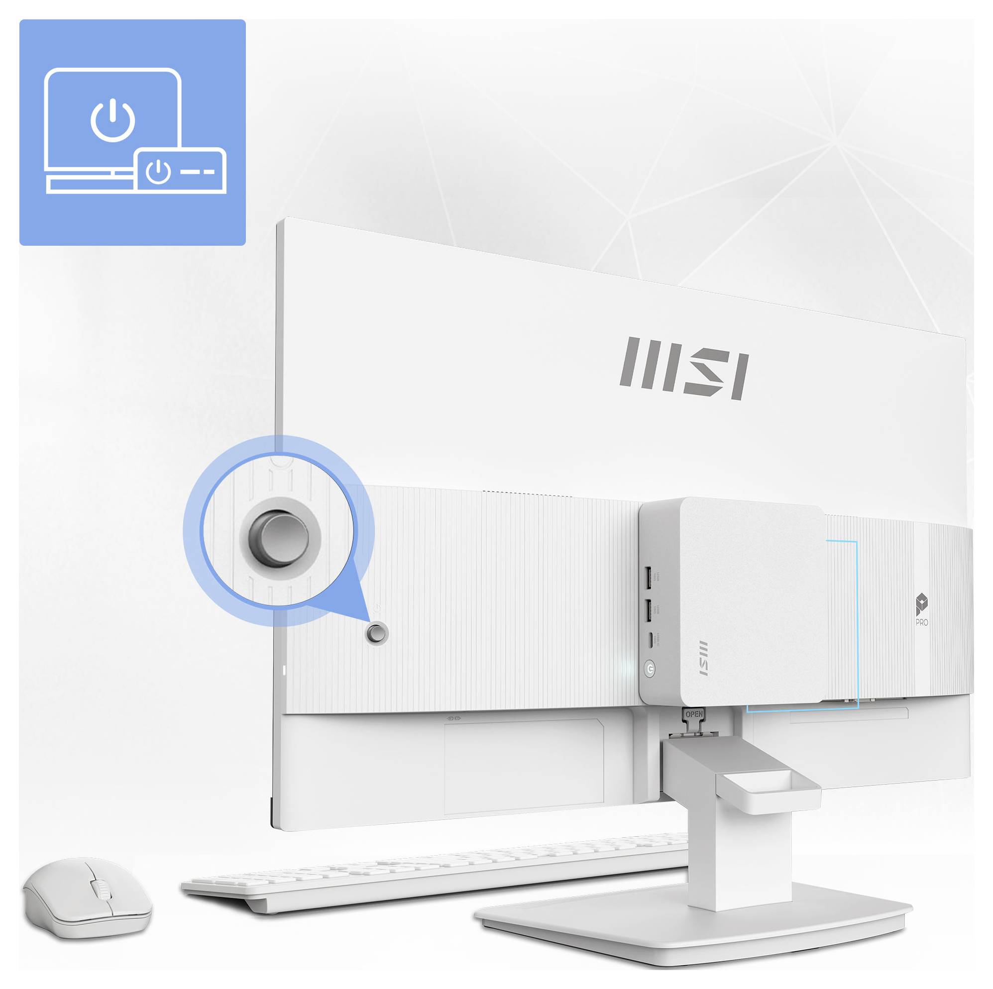 Počítač typu all-in-one MSI zobrazený zezadu s vyznačeným tlačítkem napájení, klávesnicí, myší a stojanem na bílém pozadí.