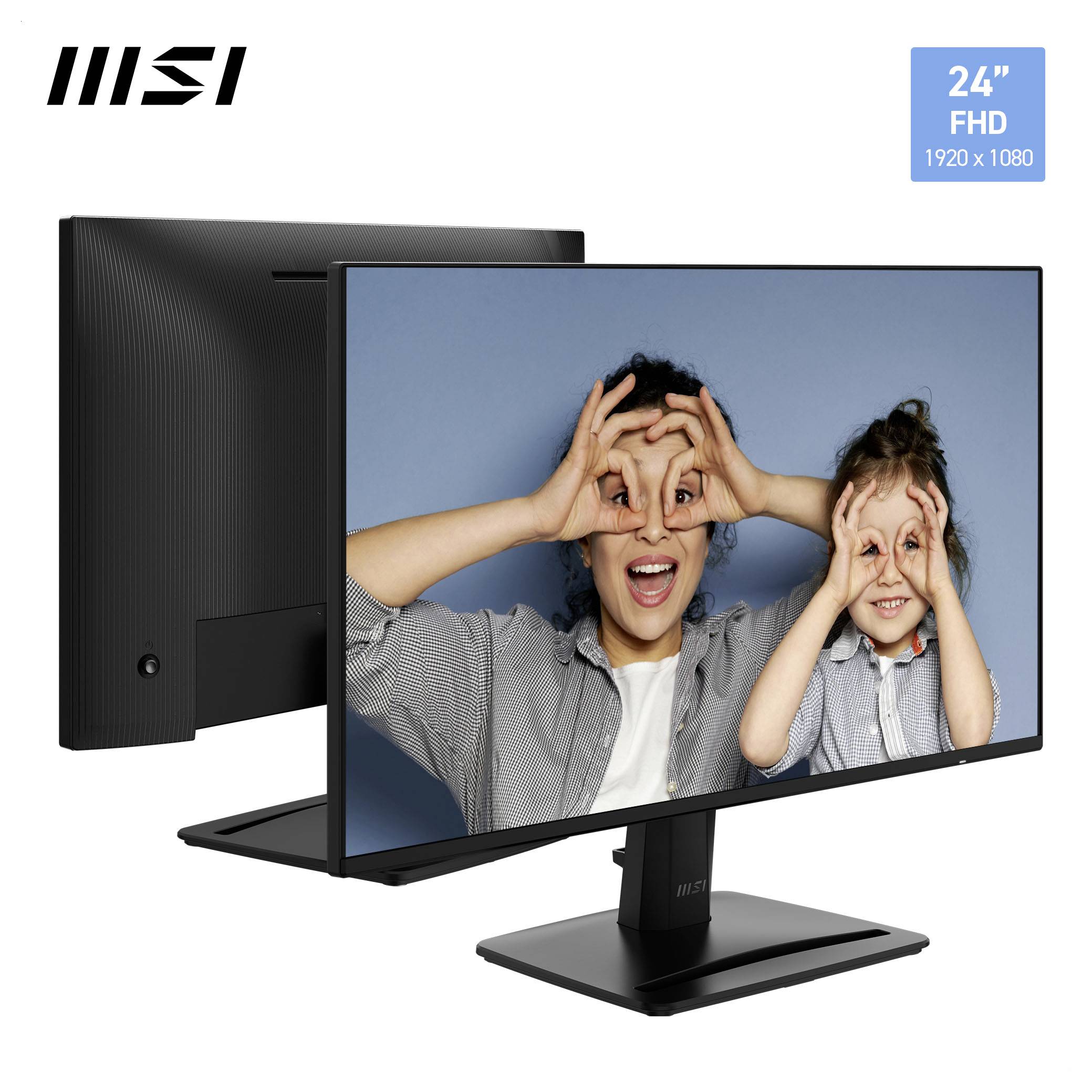 MSI 24palcový FHD monitor zobrazen zepředu a zezadu, se dvěma lidmi na obrazovce dělajícími hravá gesta rukou; obsahuje popis 1920 x 1080.