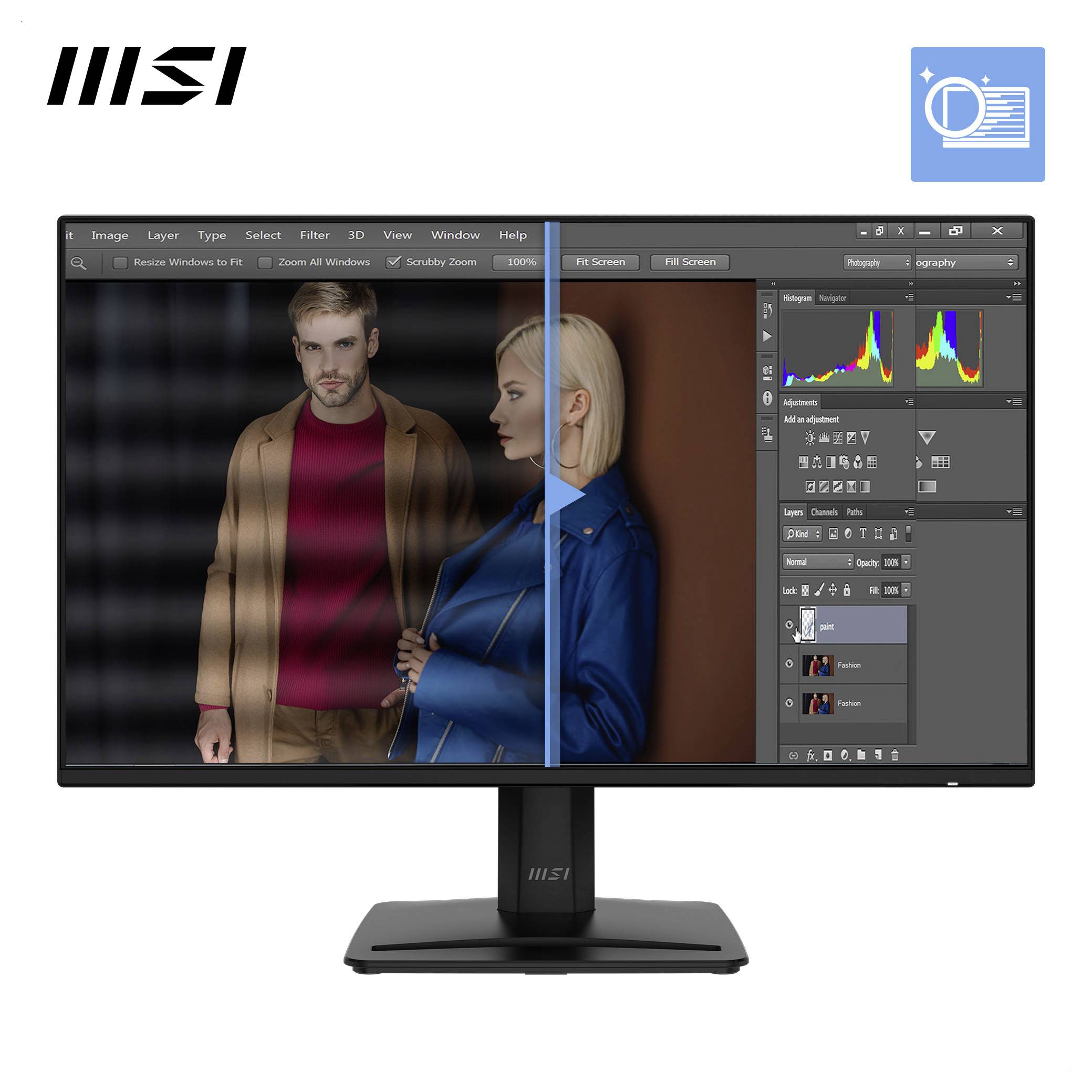 MSI monitor zobrazující rozhraní pro editaci fotografií s dělením obrazovky a porovnáním obrázku před a po úpravách.