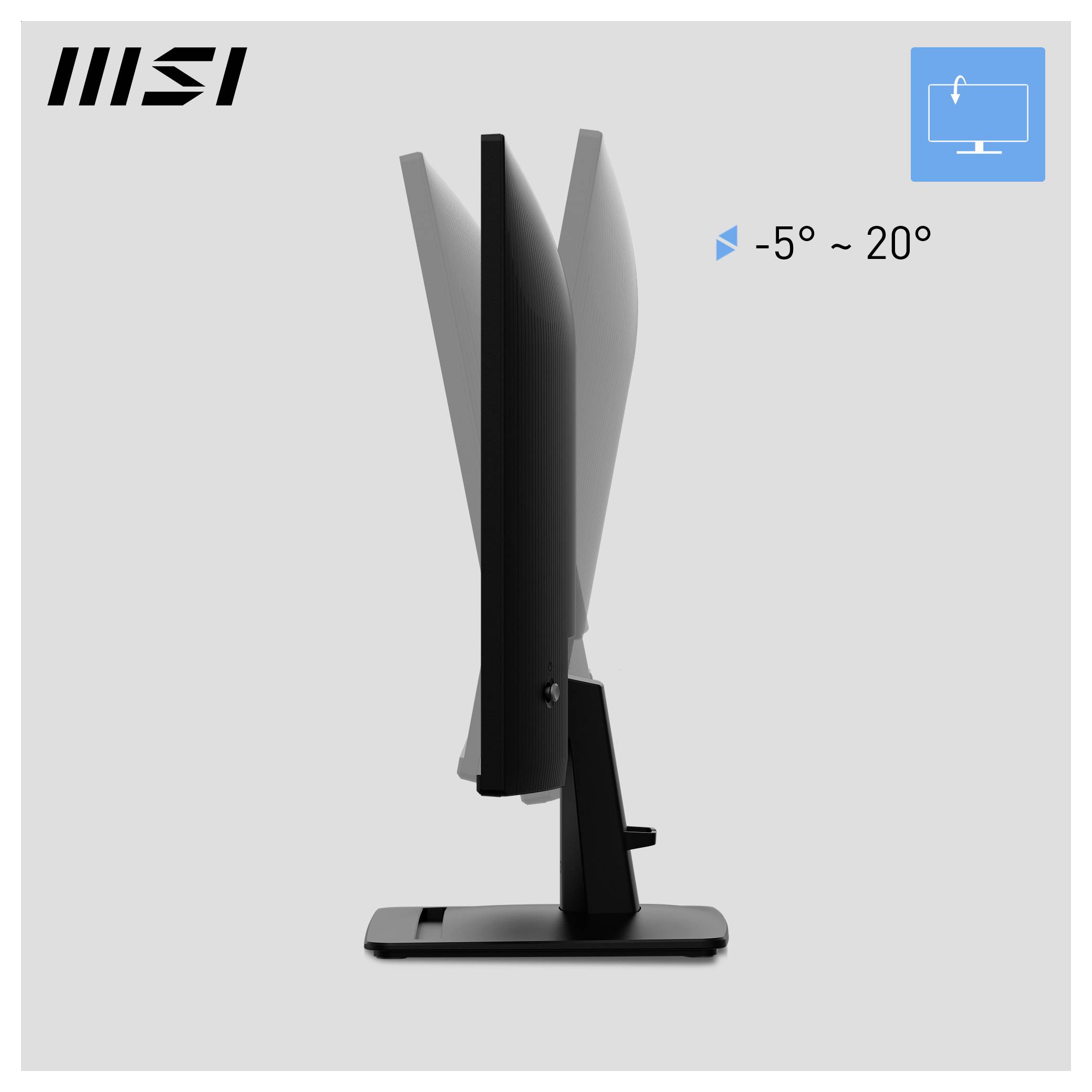 Boční pohled na monitor MSI zobrazující nastavitelný náklon od -5° do 20° na stojanu.