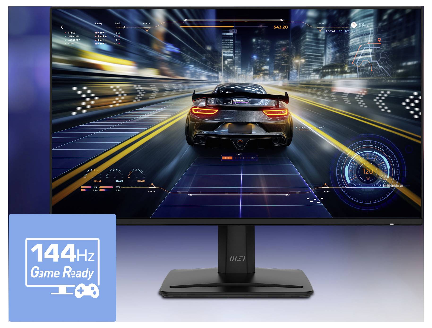 MSI herní monitor zobrazující závodní auto v závodní hře jedoucí vysokou rychlostí, s odznakem Game Ready 144 Hz