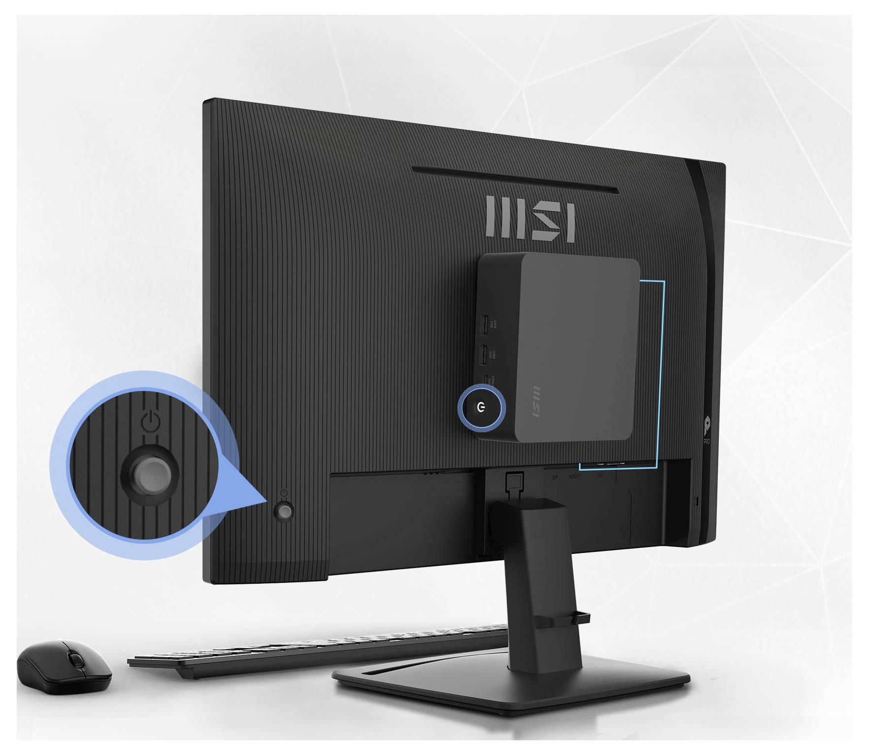 Zadní pohled na monitor MSI s připevněným mini PC, který ukazuje vypínací tlačítko zvýrazněné v popisné callout.