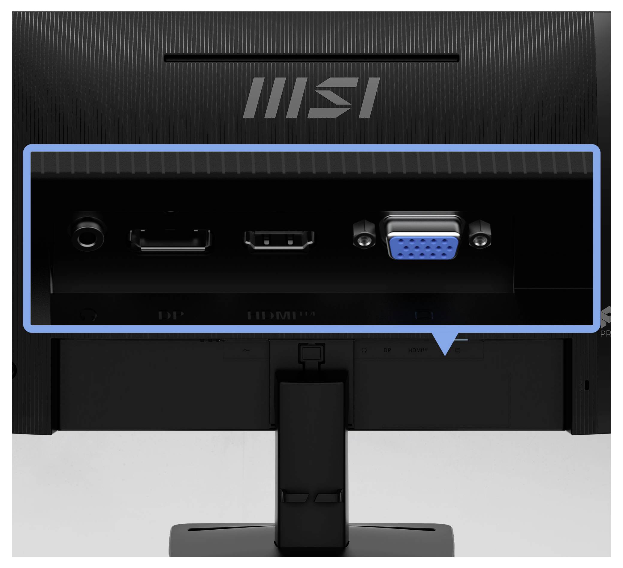 Zadní strana monitoru MSI zobrazující porty: zásuvka napájení, HDMI, USB a modrý VGA konektor zvýrazněný v popisku.