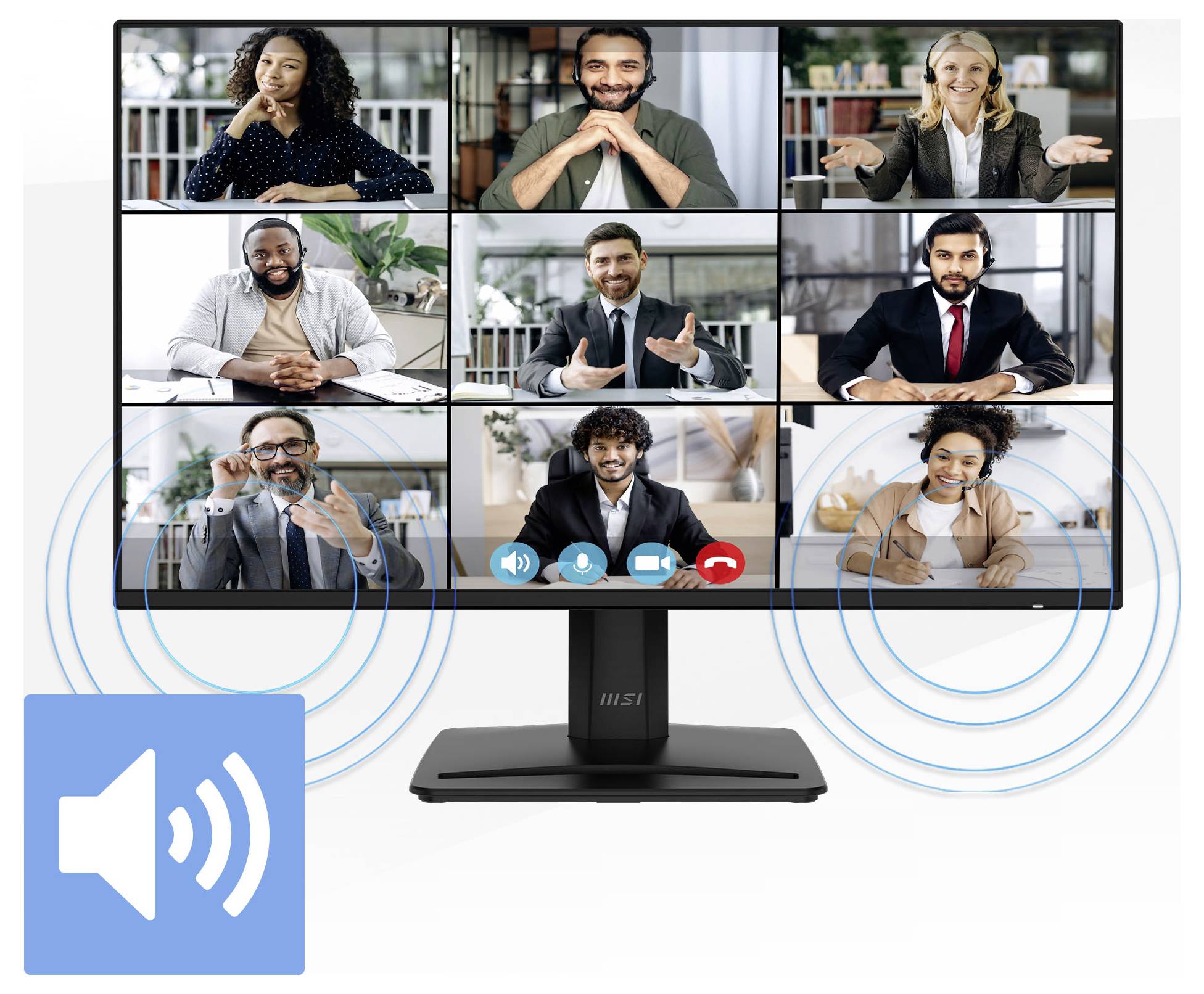 Obrazovka počítače zobrazující videokonferenci s devíti účastníky, ikony reproduktoru a mikrofonu na obrazovce naznačující audio-enabled online schůzku.