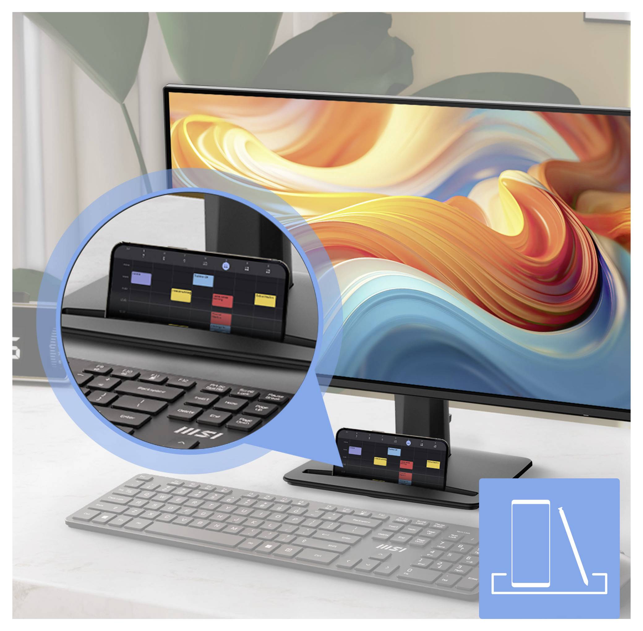 Monitor pro stolní počítač s barevnou abstraktní tapetou a dokovací stanicí na jeho stojanu, která zobrazuje rozšíření obrazovky notebooku; vložený obrázek zvýrazňuje dlaždice v podobě kalendáře a ikonu podpory telefonu/notebooku.