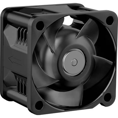 Černý čtvercový chladicí ventilátor se čtyřmi otvory pro montáž v rozích a šipkou ukazující směr proudění vzduchu doleva.