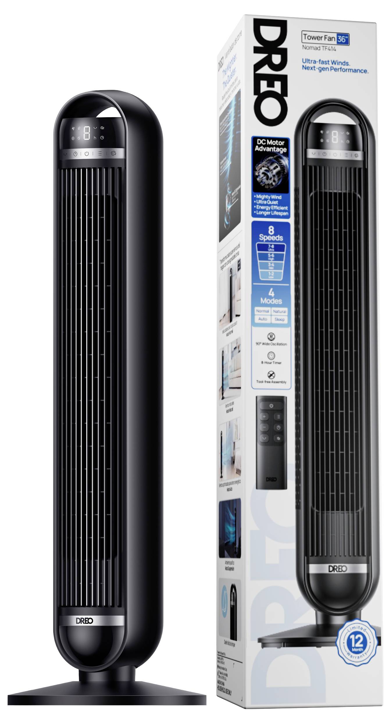 DREO Dreo - Quiet Tower Fan 414, 8 Speeds, 4 sloupový ventilátor-1