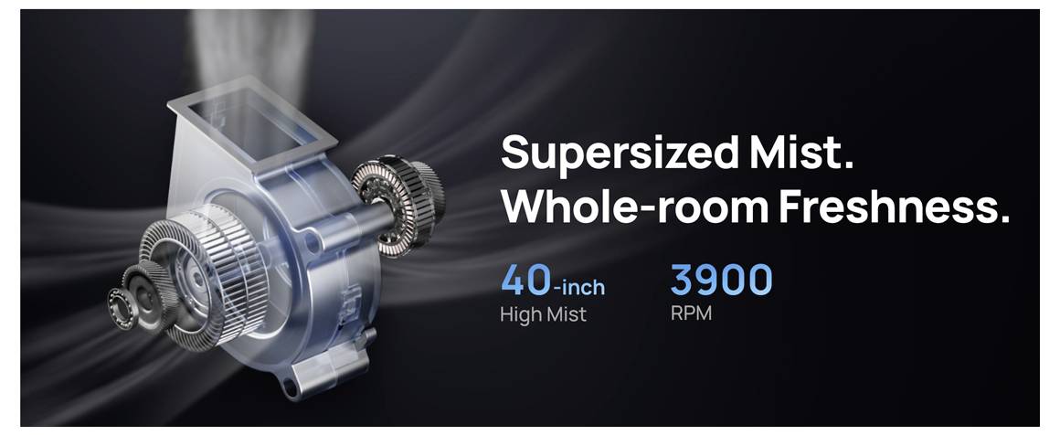 Průmyslový ventilátor zobrazený s mlhou, propagující svěžest v celé místnosti; text zní „Supersized Mist. Whole-room Freshness." a „40-inch High Mist" „3900 RPM".