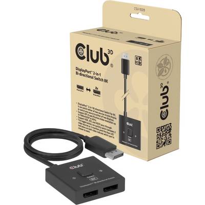 Produktová fotografie Club 3D DisplayPort 2-v-1 obousměrného přepínače 8K s balením a černým adaptérem s připojeným kabelem.