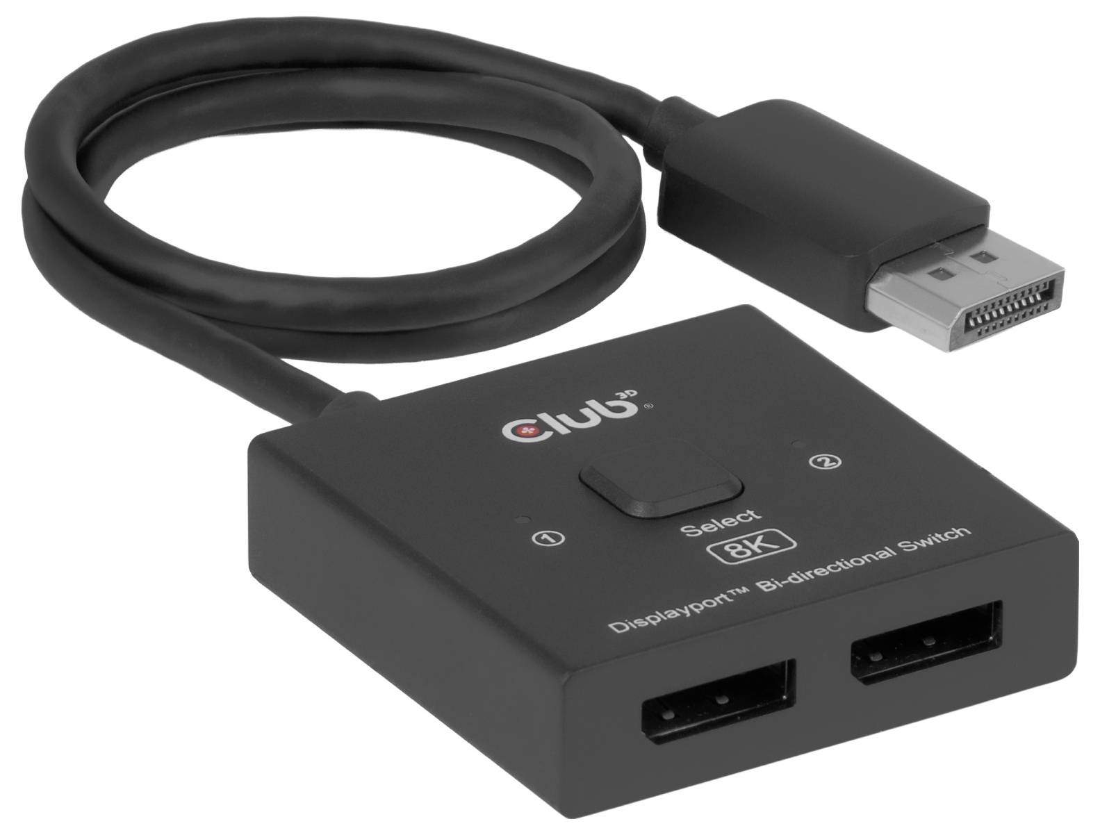 Obousměrný přepínací box DisplayPort s připojeným kabelem a dvěma předními porty DisplayPort označenými "Vybrat" a "Přepnout".