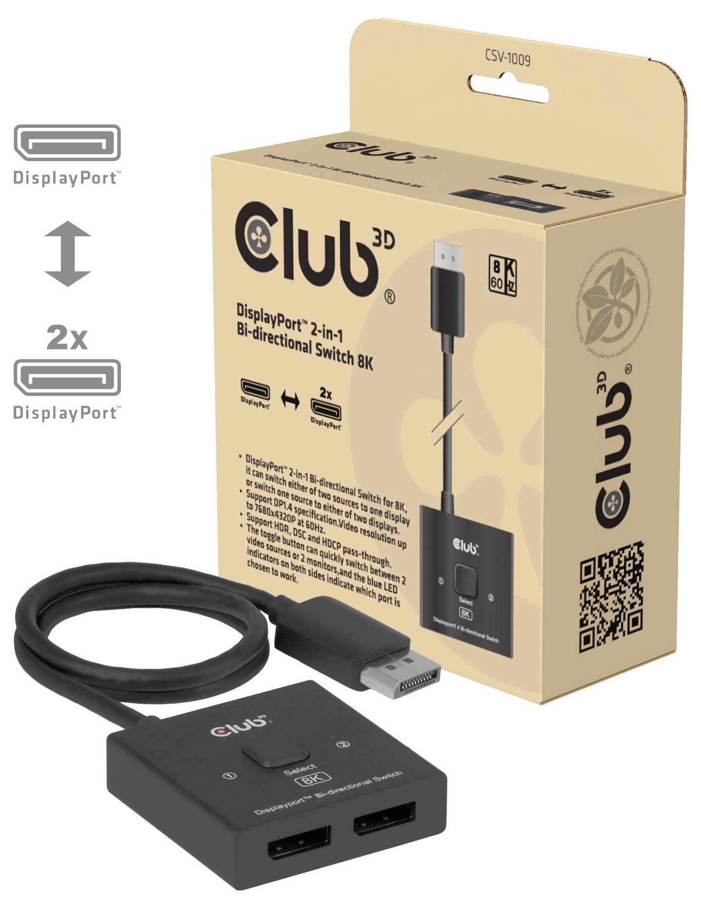 Produktový obrázek přepínače Club 3D DisplayPort 2v1 obousměrný s dvěma porty DisplayPort, krabicí 8K a kabelem DisplayPort.