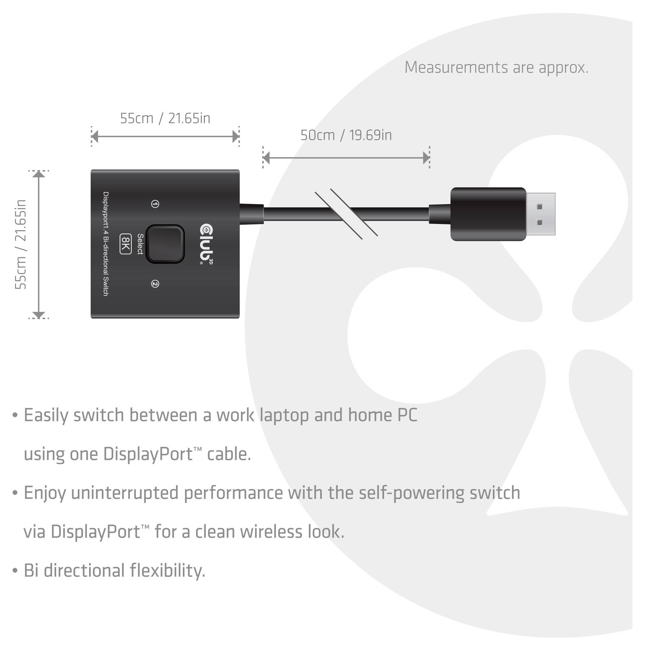 Diagram adaptéru DisplayPort přepínače zobrazující rozměry: jednotka 55 cm čtvercová a kabel 50 cm. Text zdůrazňuje přepínání mezi pracovním notebookem a domácím PC.