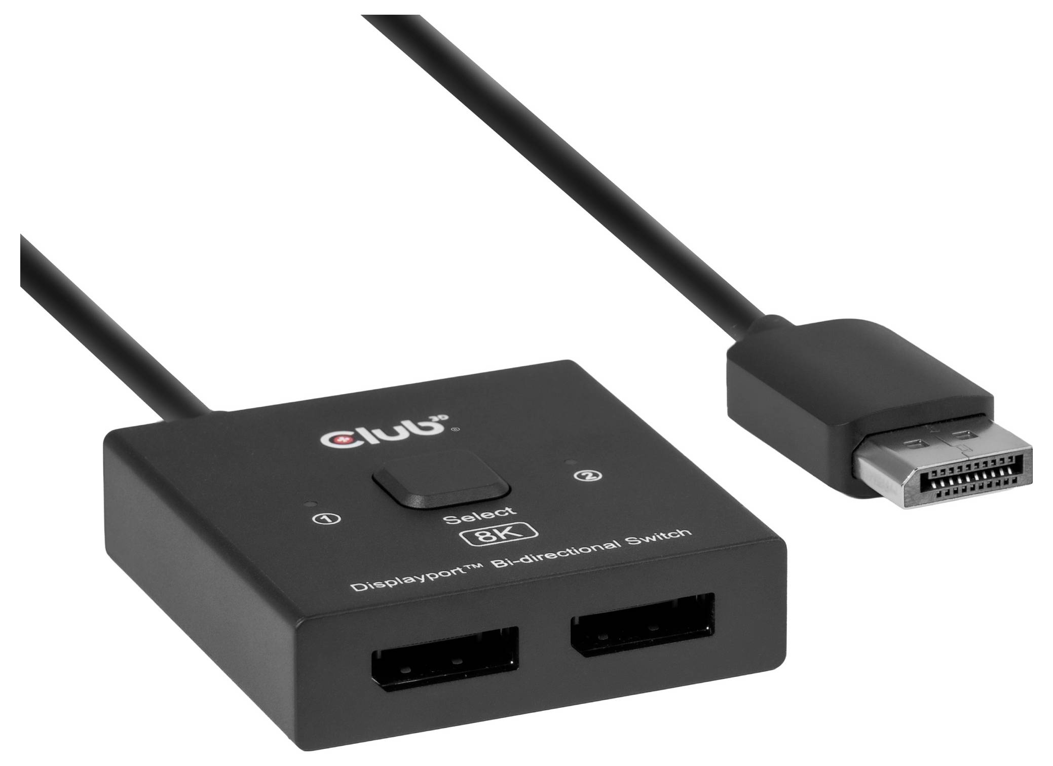 Černá přepínací skříňka Black Club DisplayPort s obousměrným přepínáním se dvěma porty DisplayPort a připojeným kabelem/konektorem na bílém pozadí