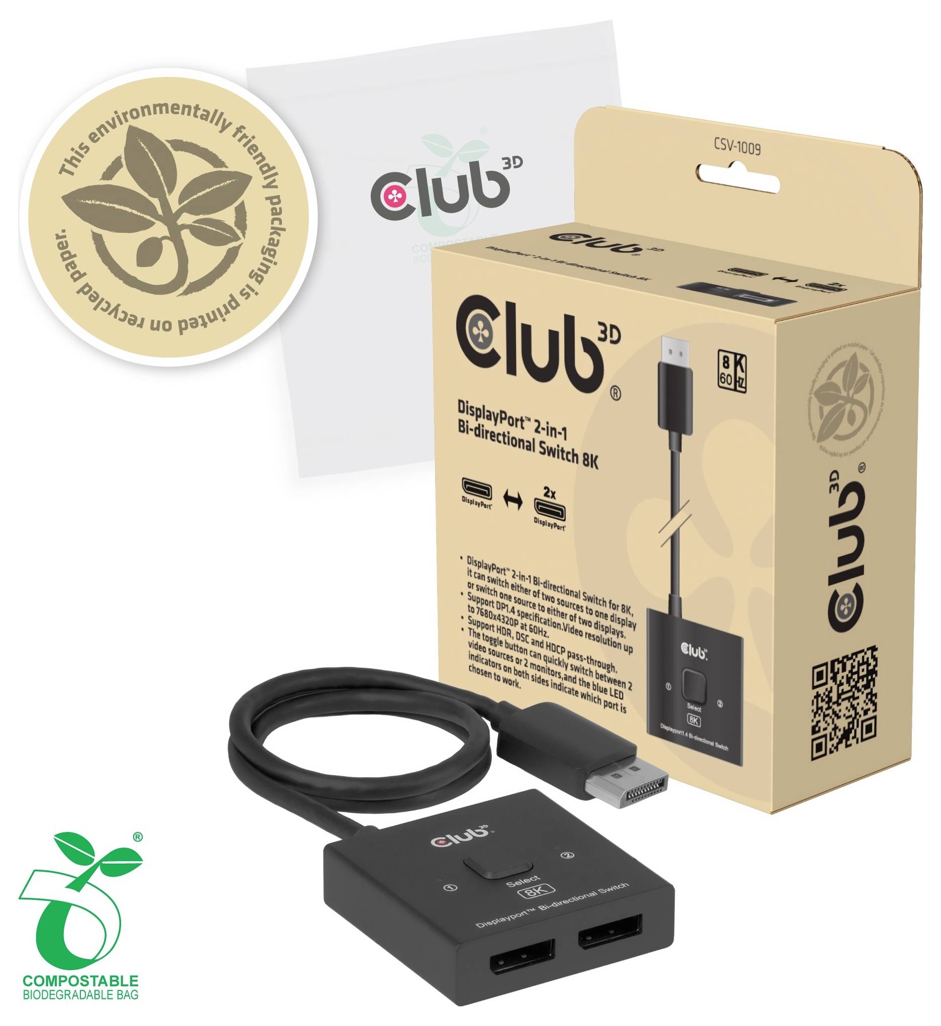 Balení produktu pro přepínací sadu Club 3D DisplayPort 2v1 s obousměrným přepínáním, zobrazující krabici, přepínací zařízení, kabel a loga ekologicky šetrného balení.