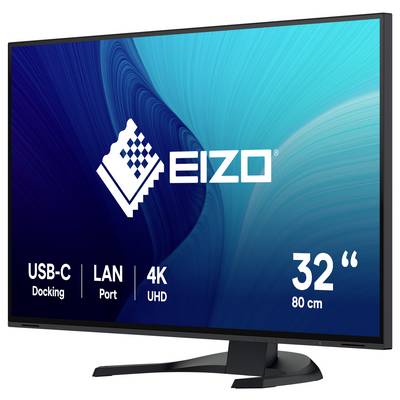 EIZO 32palcový monitor 4K UHD s dokovacím portem USB-C a portem LAN, zobrazený v obrázku ve stylu produktu.
